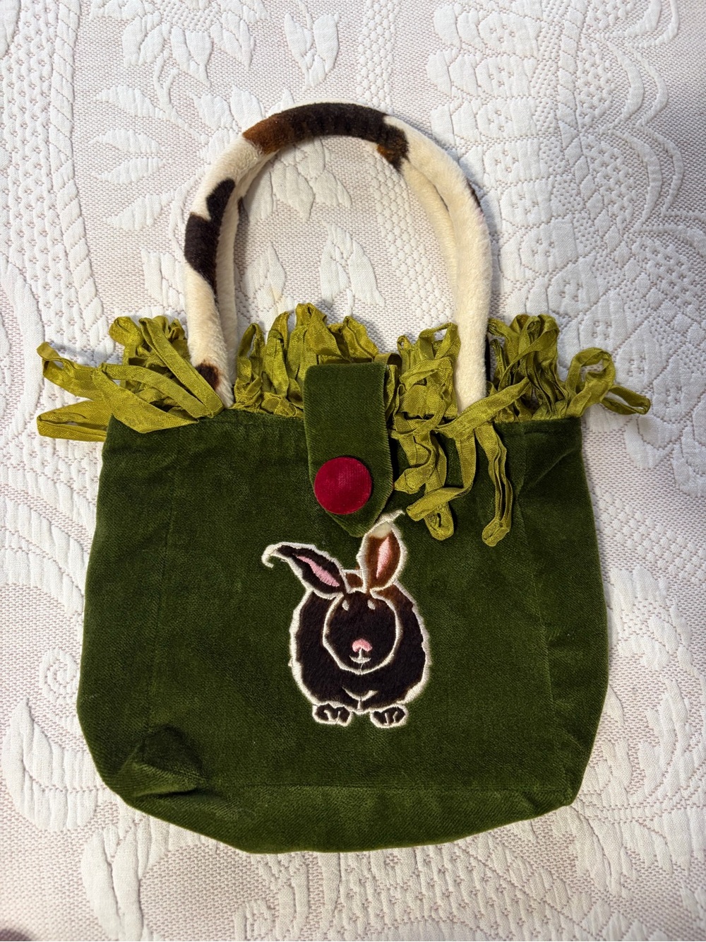 Discontinued Susie Stern "Cowbunnies" Green Velvet Bunny Appliqué Tote Bag EUC